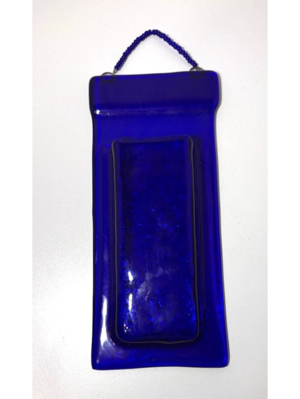 Blue Fused Glass Wall Window Pocket Vase w/beaded chain handmade 8"